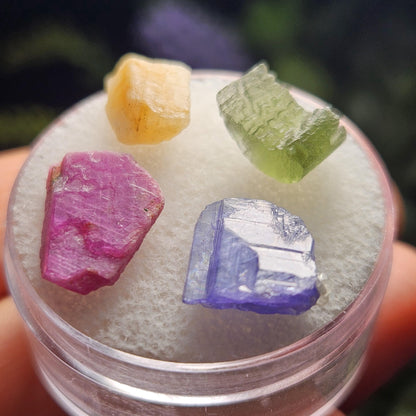 Rare Collector’s Set: Moldavite, Phenacite, Tanzanite, Ruby