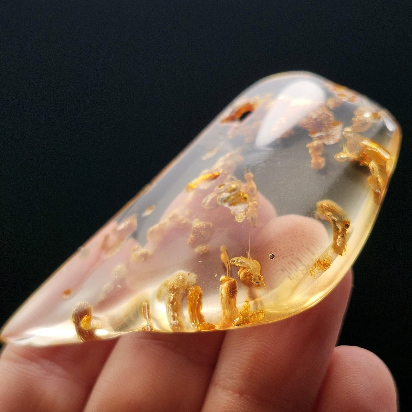 Amber with Bugs, Static ENHYDRO Bubbles and Natural Hole Inclusion 9.48g, Natural Amber Fossil with Insects