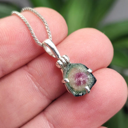 Watermelon Tourmaline Slice Pendant, Sterling Silver Tourmaline Necklace