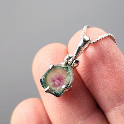 Watermelon Tourmaline Slice Pendant, Sterling Silver Tourmaline Necklace