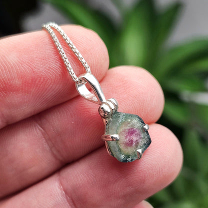 Watermelon Tourmaline Slice Pendant, Sterling Silver Tourmaline Necklace