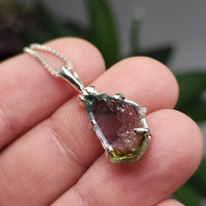 Blue Green Tourmaline Pendant, Sterling Silver Watermelon Tourmaline Gemstone Necklace