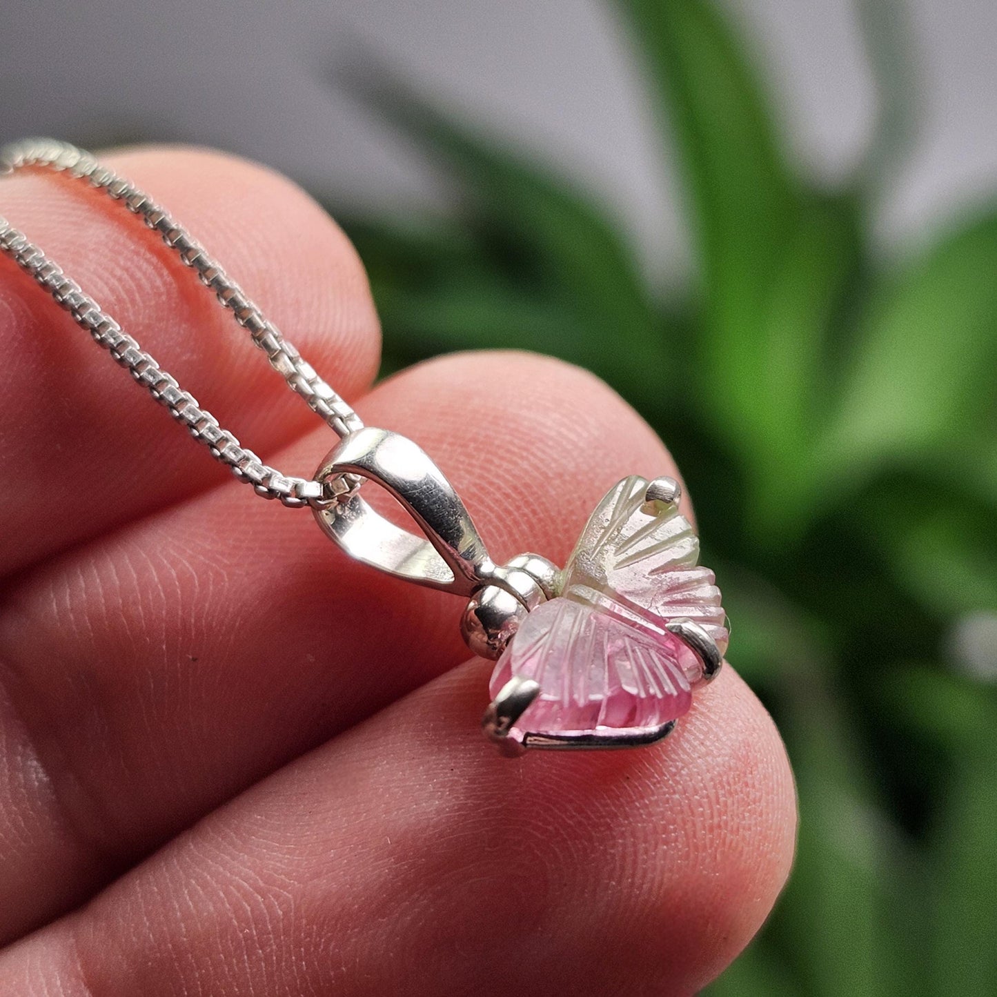 Watermelon Tourmaline Butterfly Pendant, Sterling Silver Tourmaline Crystal Necklace