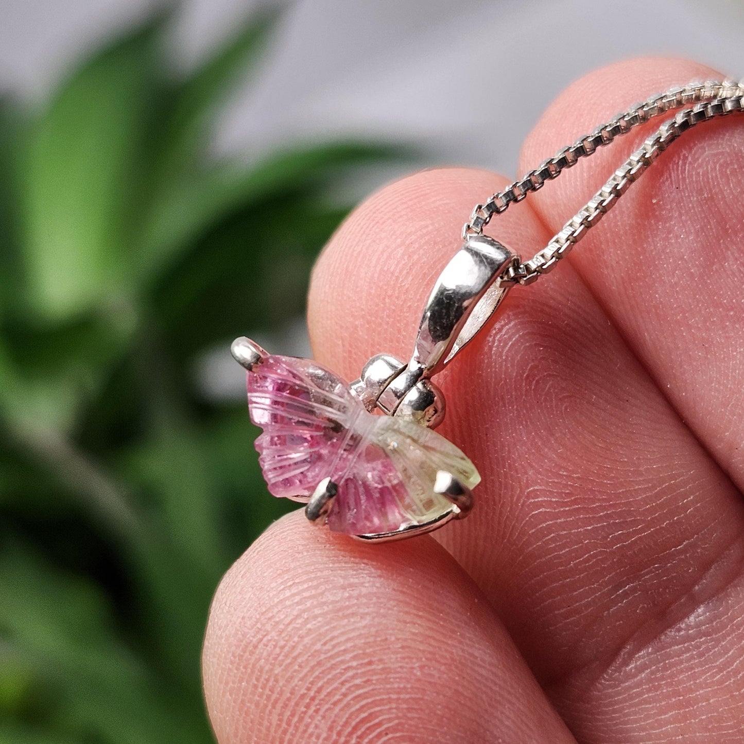 Watermelon Tourmaline Butterfly Pendant, Sterling Silver Tourmaline Crystal Necklace