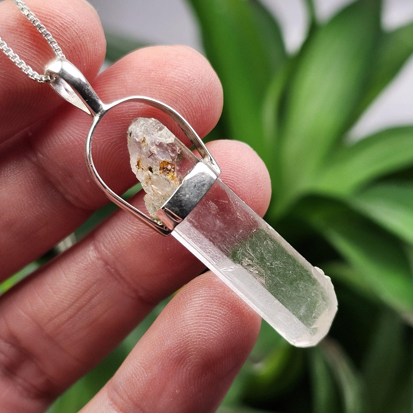 UV Reactive Spodumene with Spessartine Garnet Pendant, Sterling Silver Crystal Necklace