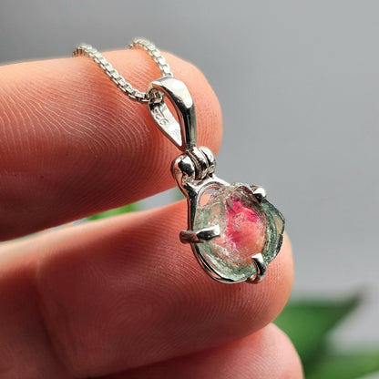 Watermelon Tourmaline Slice Pendant, Sterling Silver Tourmaline Necklace