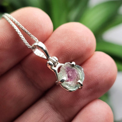 Watermelon Tourmaline Slice Pendant, Sterling Silver Tourmaline Necklace
