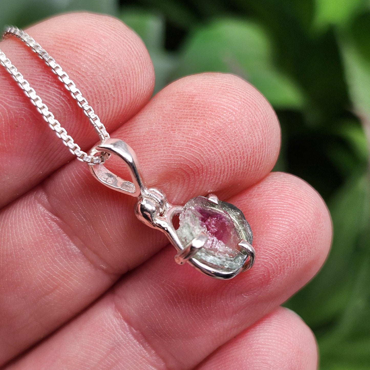 Watermelon Tourmaline Slice Pendant, Sterling Silver Tourmaline Necklace