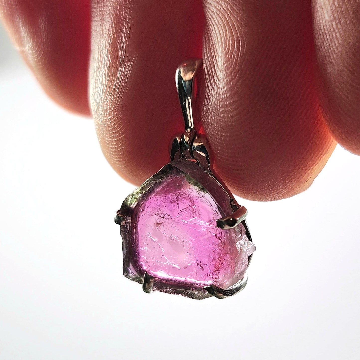 Pink Tourmaline Pendant, Polished Crystal Slice Sterling Silver Necklace