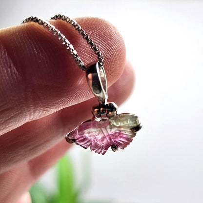 Watermelon Tourmaline Butterfly Pendant, Sterling Silver Tourmaline Crystal Necklace