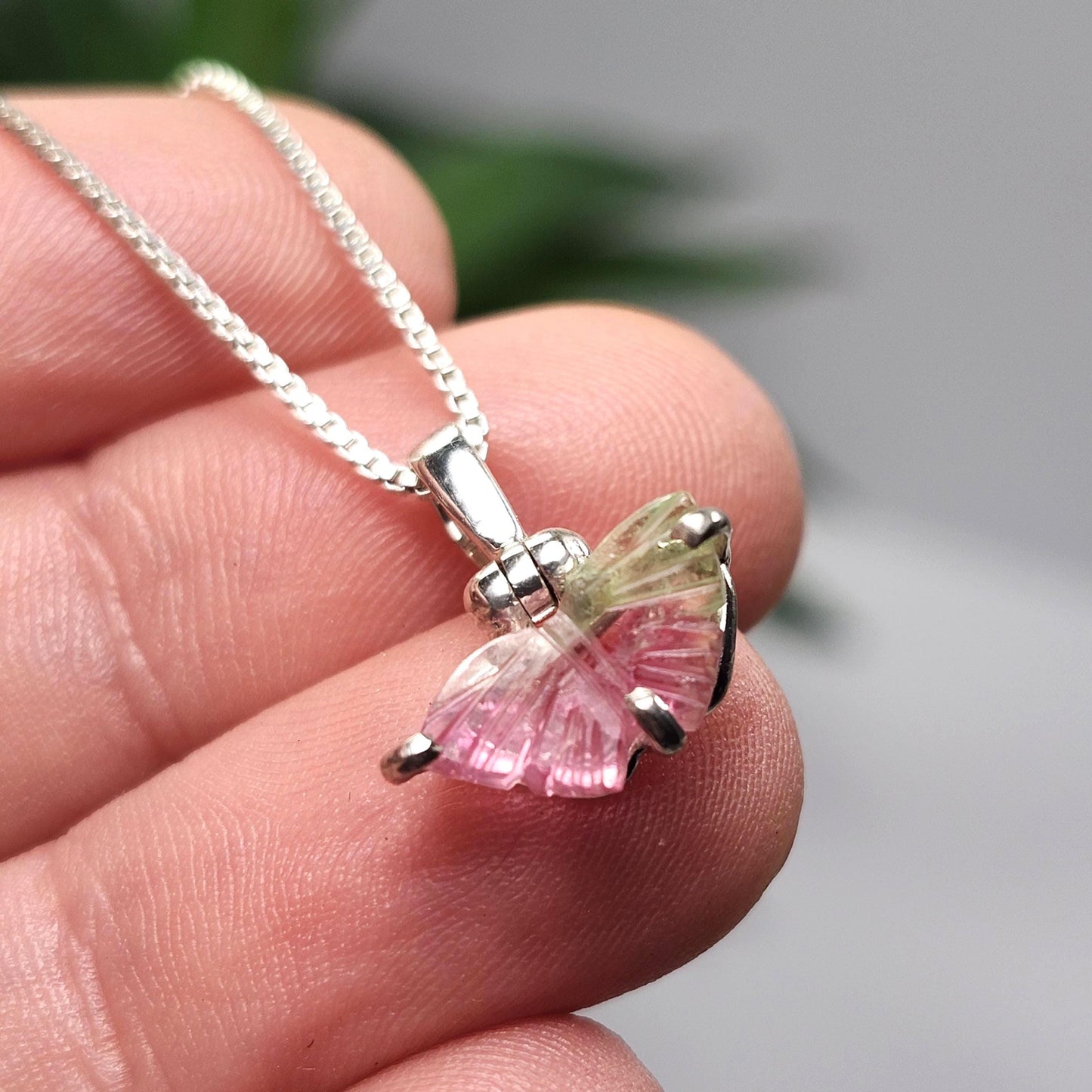 Watermelon Tourmaline Butterfly Pendant, Sterling Silver Tourmaline Crystal Necklace