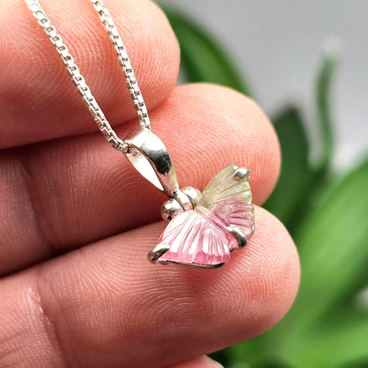 Watermelon Tourmaline Butterfly Pendant, Sterling Silver Tourmaline Crystal Necklace