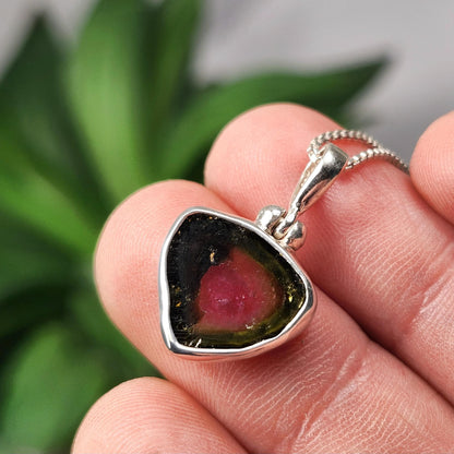 Watermelon Tourmaline Slice Pendant, Sterling Silver Tourmaline Pink & Green Necklace