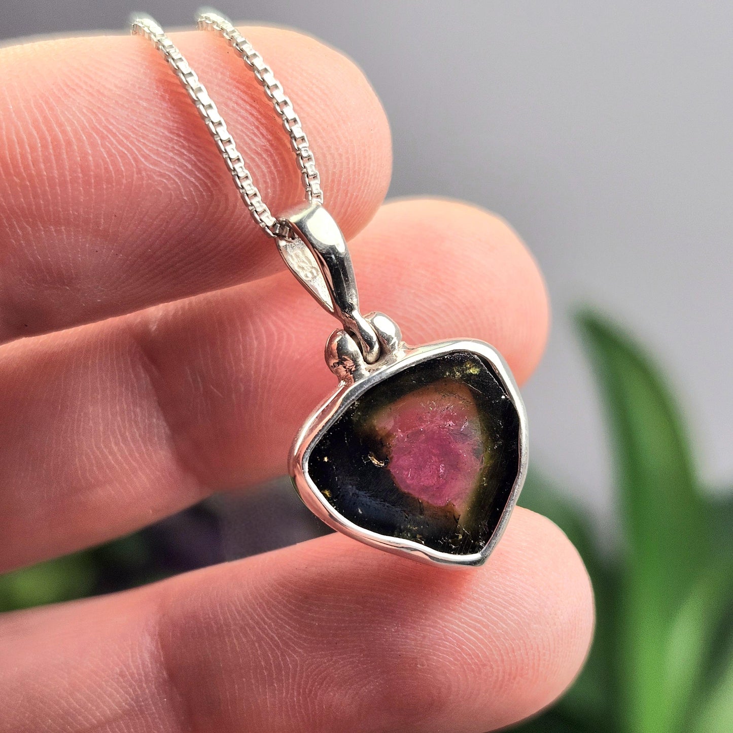 Watermelon Tourmaline Slice Pendant, Sterling Silver Tourmaline Pink & Green Necklace