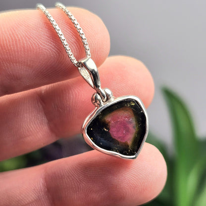 Watermelon Tourmaline Slice Pendant, Sterling Silver Tourmaline Pink & Green Necklace