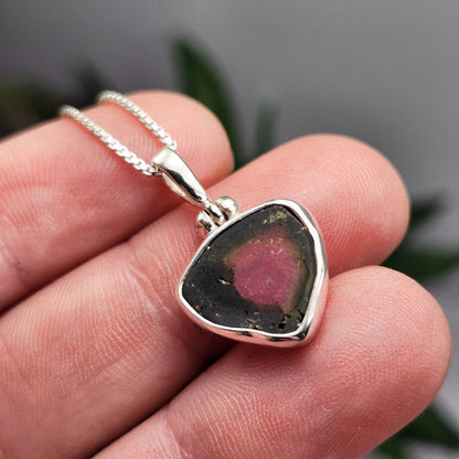 Watermelon Tourmaline Slice Pendant, Sterling Silver Tourmaline Pink & Green Necklace