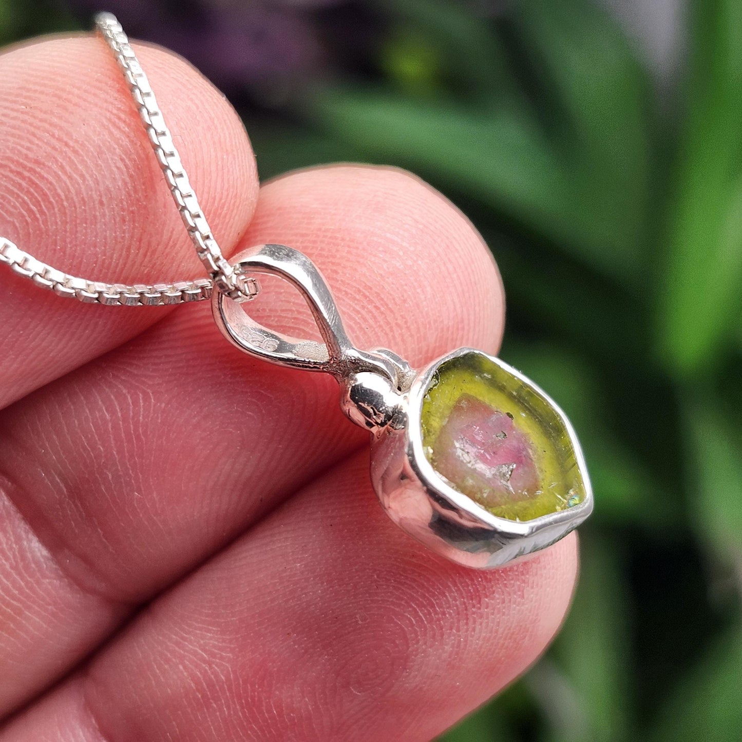 Watermelon Tourmaline Slice Pendant, Sterling Silver Tourmaline Necklace