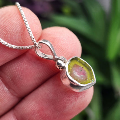 Watermelon Tourmaline Slice Pendant, Sterling Silver Tourmaline Necklace