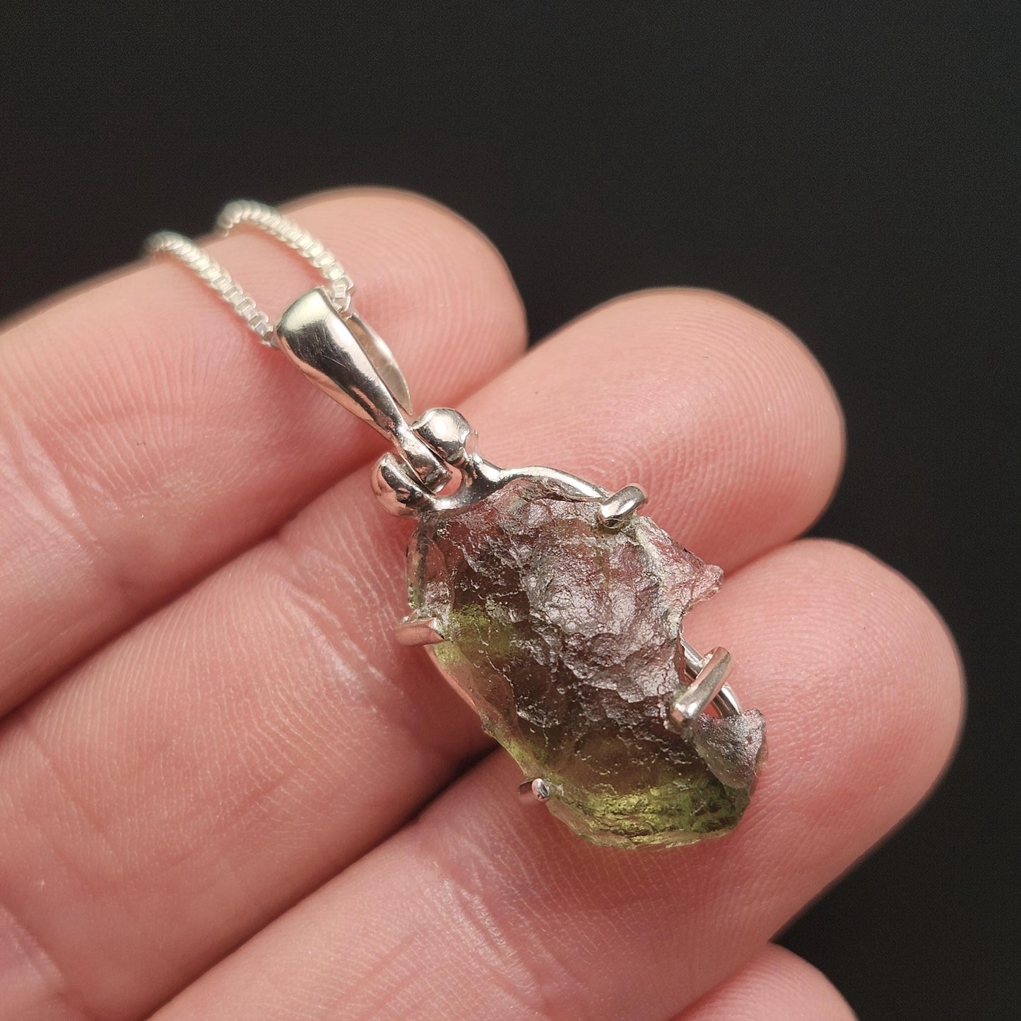 Genuine Moldavite Pendant, Green Tektite Sterling Silver Jewelry
