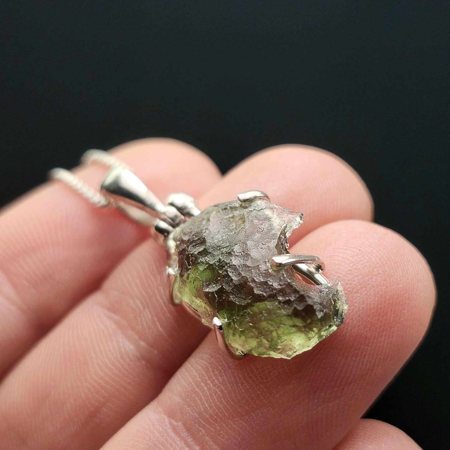 Genuine Moldavite Pendant, Green Tektite Sterling Silver Jewelry