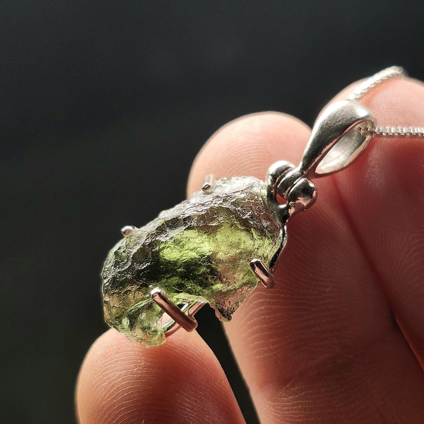 Genuine Moldavite Pendant, Green Tektite Sterling Silver Jewelry
