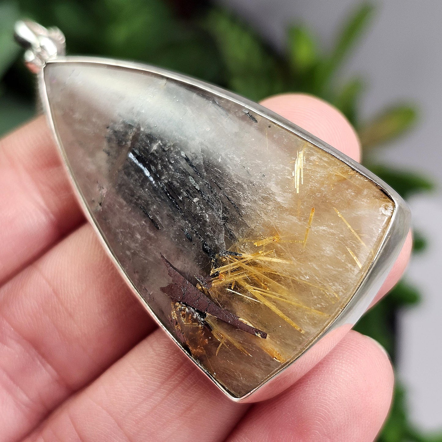 Hematite Rutile Star Quartz Pendant, Rutilated Brazilian Sterling Silver Crystal Necklace