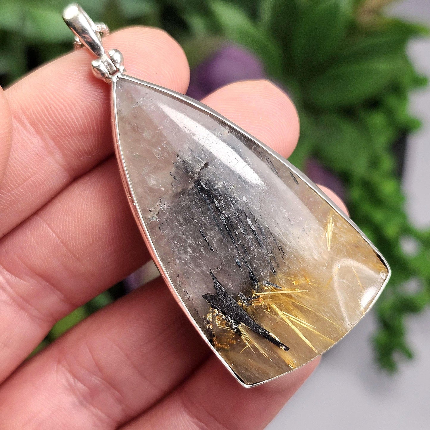 Hematite Rutile Star Quartz Pendant, Rutilated Brazilian Sterling Silver Crystal Necklace