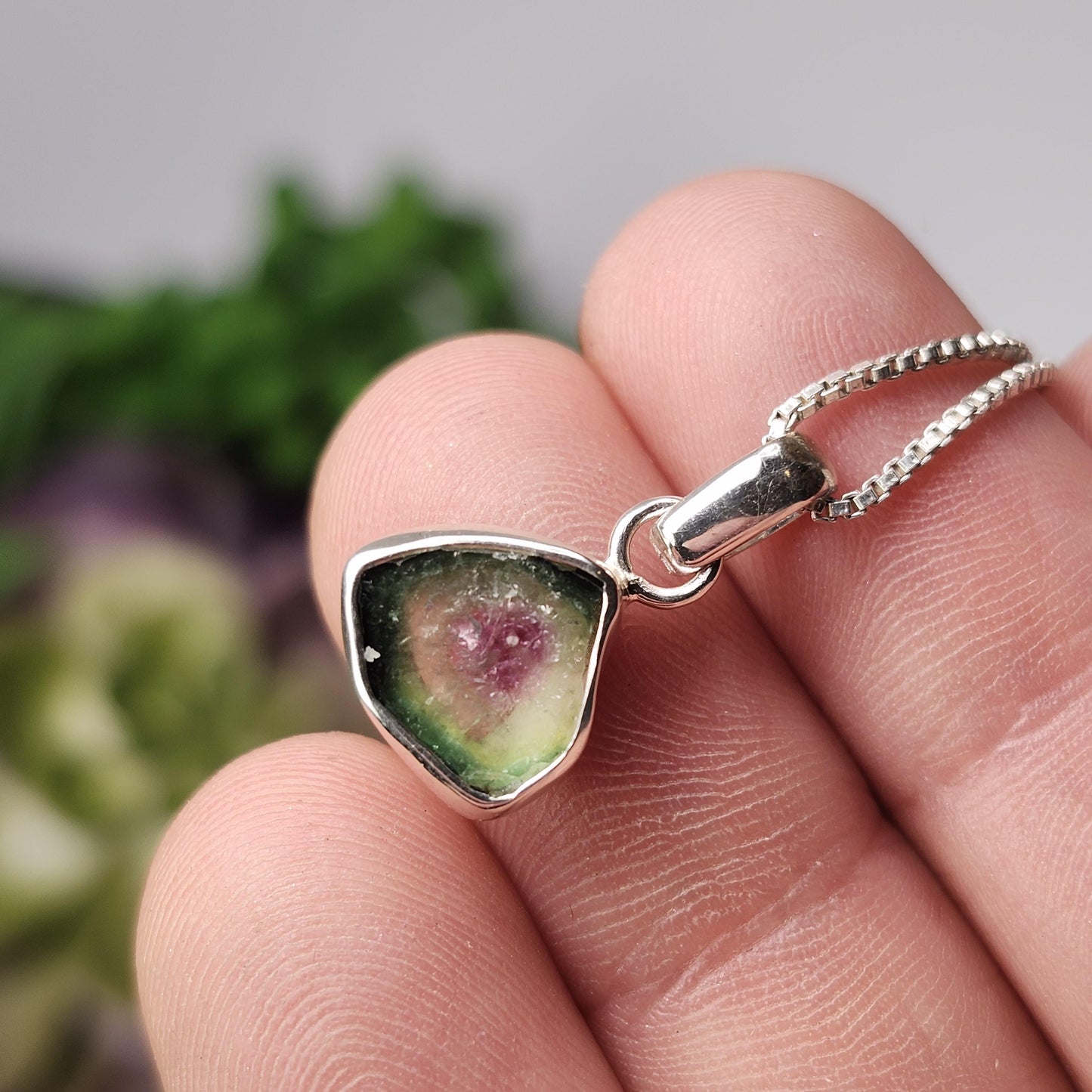 Watermelon Tourmaline Slice Pendant, Sterling Silver Tourmaline Necklace