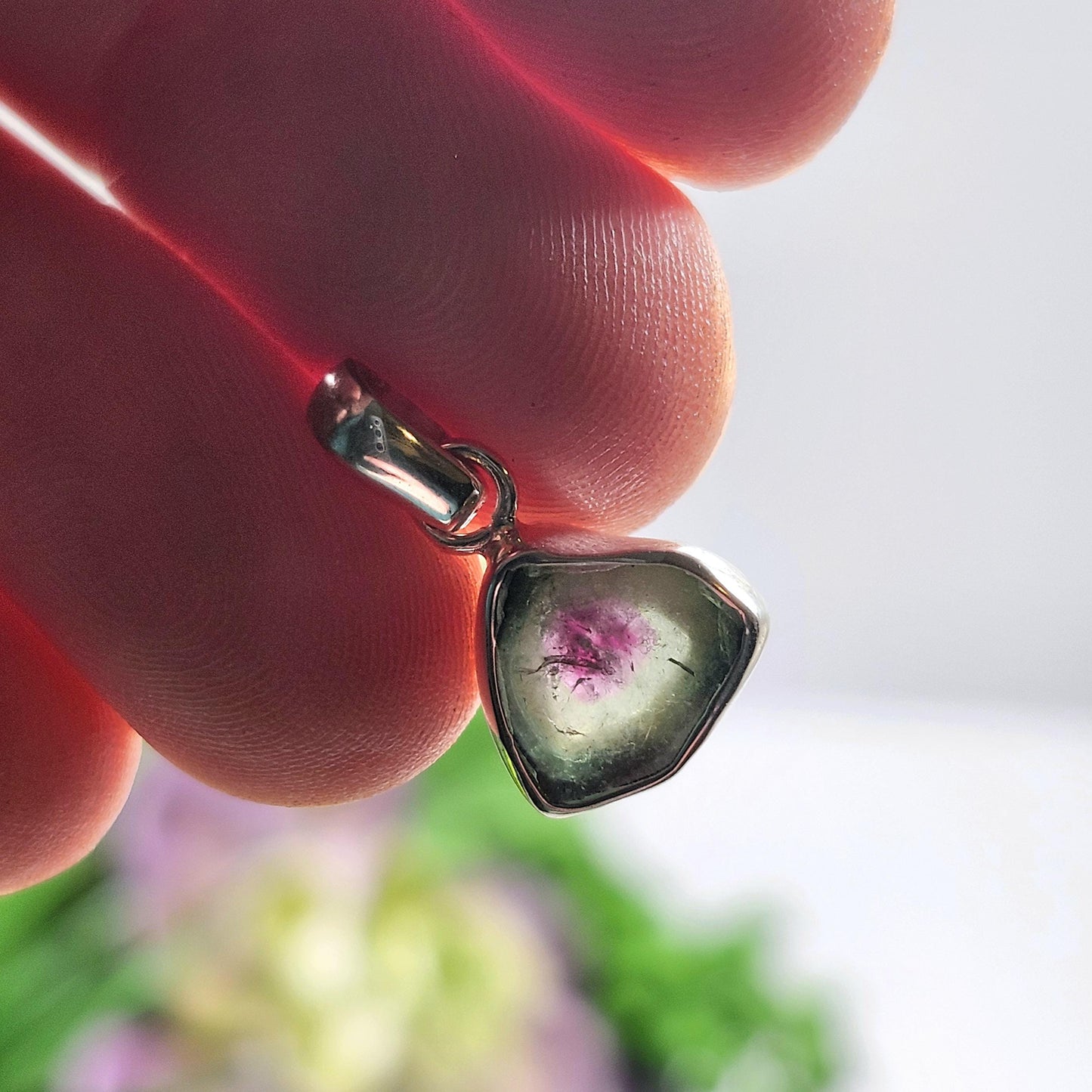Watermelon Tourmaline Slice Pendant, Sterling Silver Tourmaline Necklace