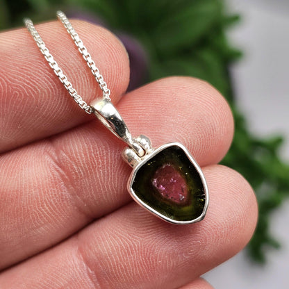 Watermelon Tourmaline Slice Pendant, Sterling Silver Tourmaline Necklace
