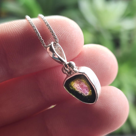 Watermelon Tourmaline Slice Pendant, Sterling Silver Tourmaline Necklace