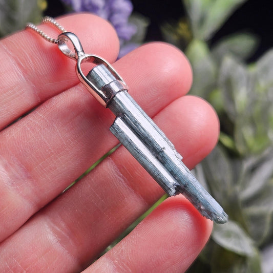 Blue Tourmaline Crystal Pendant, Blue Tourmaline Sterling Silver Necklace
