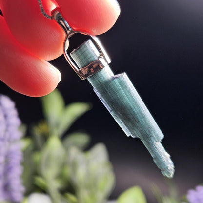 Blue Tourmaline Crystal Pendant, Blue Tourmaline Sterling Silver Necklace
