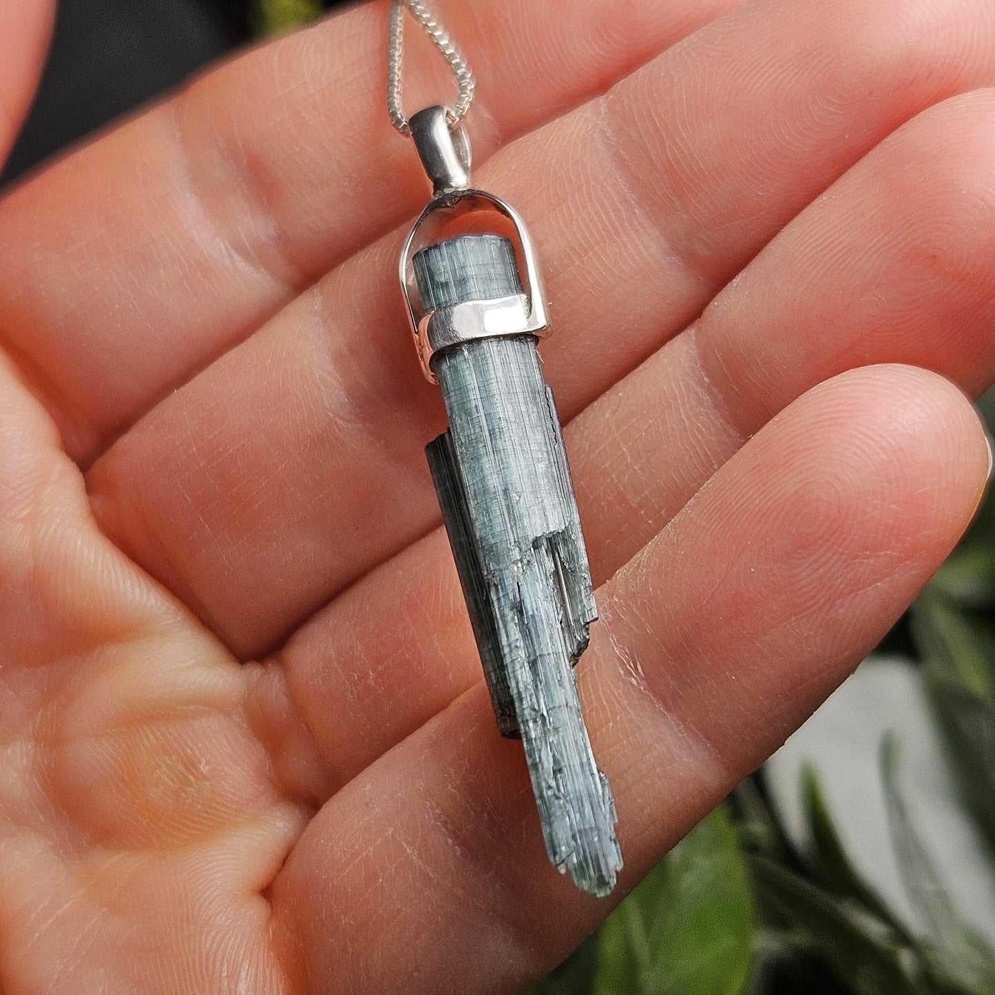 Blue Tourmaline Crystal Pendant, Blue Tourmaline Sterling Silver Necklace