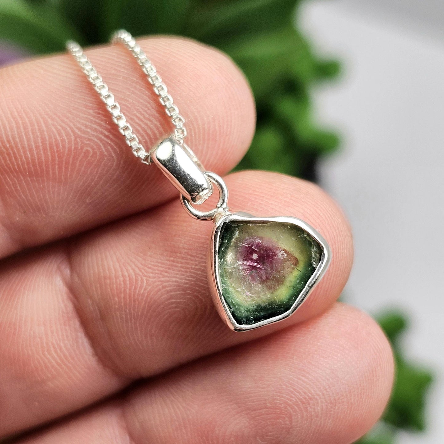 Watermelon Tourmaline Slice Pendant, Sterling Silver Tourmaline Necklace