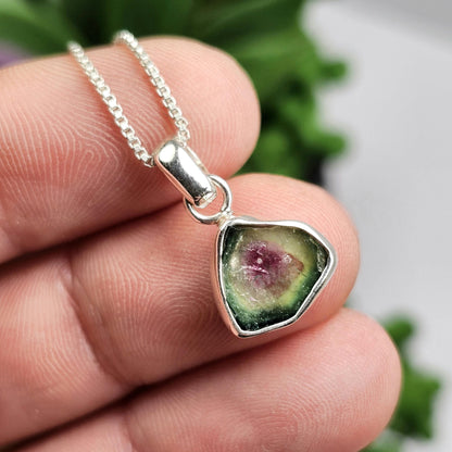 Watermelon Tourmaline Slice Pendant, Sterling Silver Tourmaline Necklace