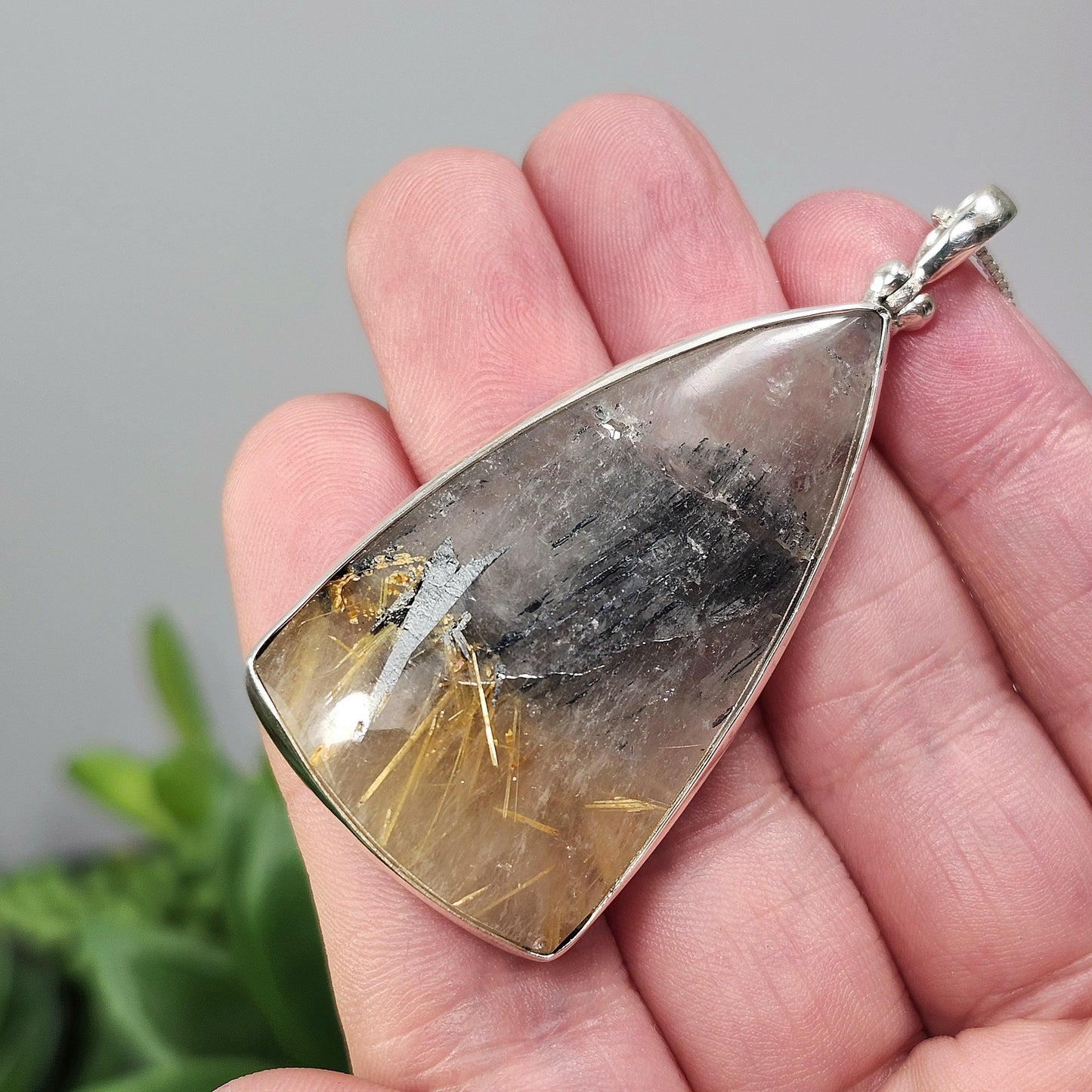 Hematite Rutile Star Quartz Pendant, Rutilated Brazilian Sterling Silver Crystal Necklace