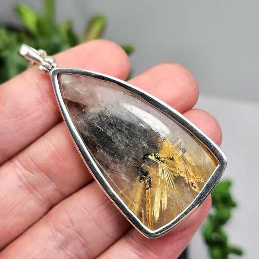 Hematite Rutile Star Quartz Pendant, Rutilated Brazilian Sterling Silver Crystal Necklace