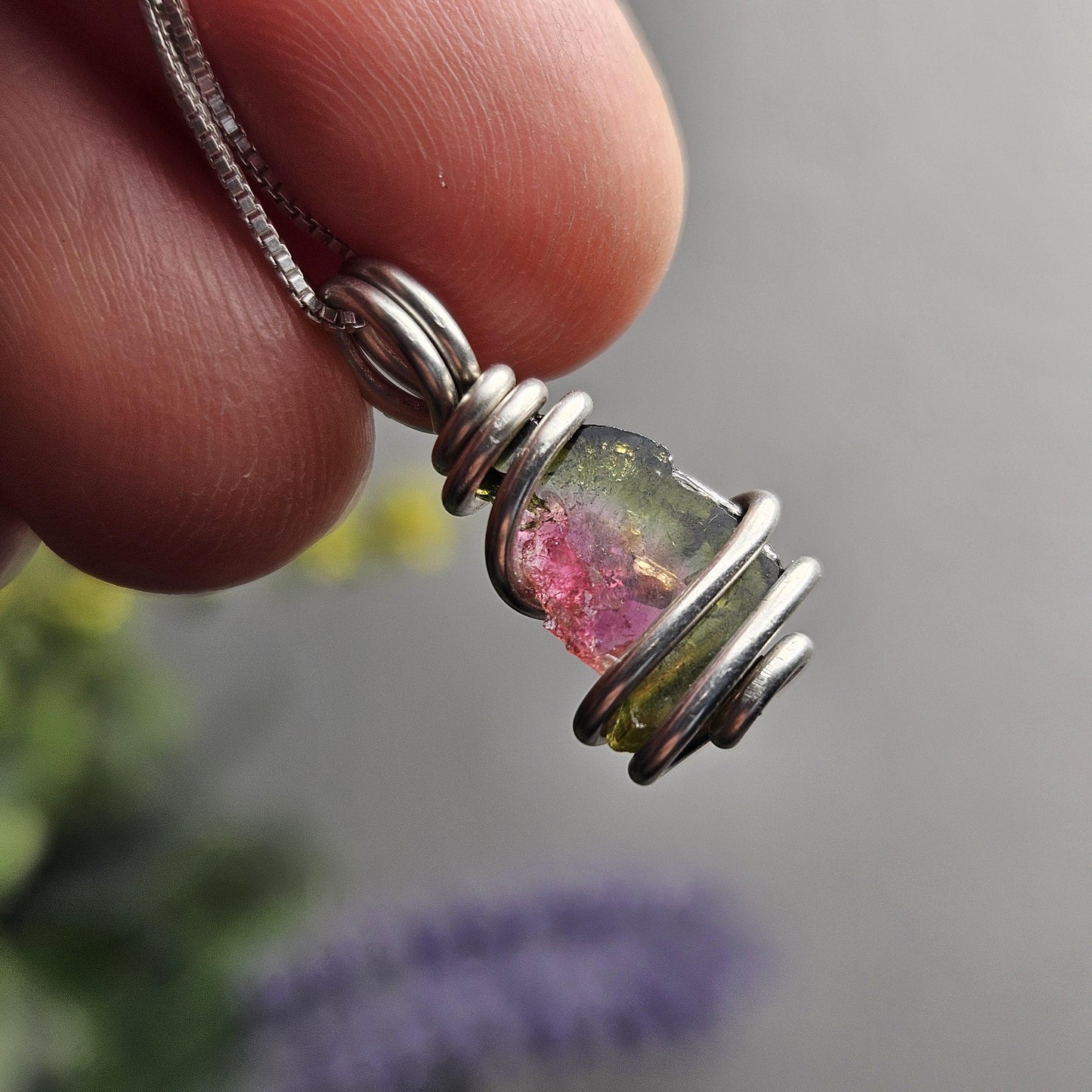 Watermelon Tourmaline Slice Pendant, Sterling Silver Tourmaline Necklace