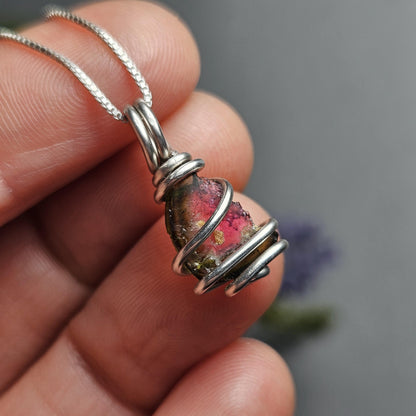 Watermelon Tourmaline Slice Pendant, Sterling Silver Tourmaline Necklace