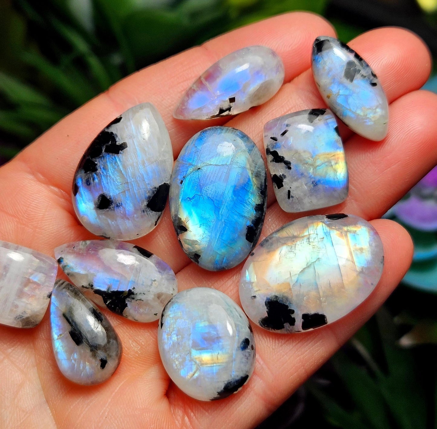 Rainbow Moonstone & Black Tourmaline Cabochon, Crystal for Jewelry Making, Natural Gemstone Cabochon