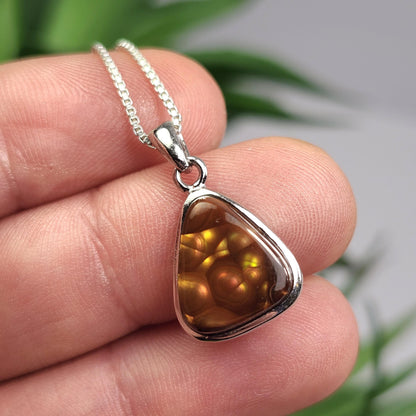 Mexican Fire Agate Pendant, Sterling Silver Polished Fire Agate Necklace