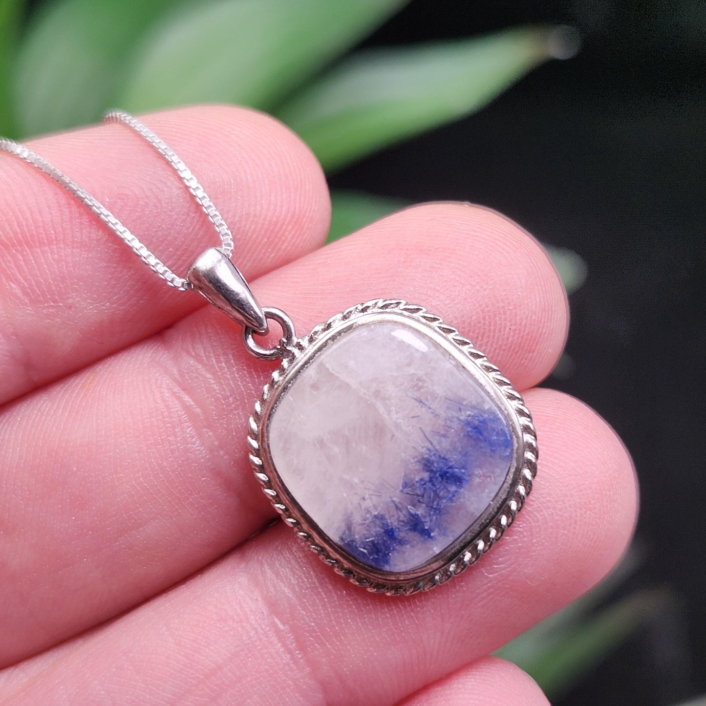 Fibrous Dumortierite in Quartz Pendant, Sterling Silver Blue Dumortierite Necklace