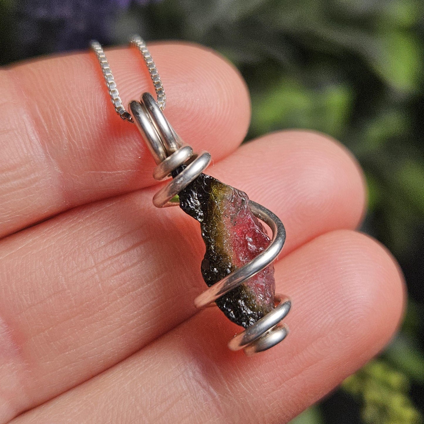 Watermelon Tourmaline Pendant, Sterling Silver Tourmaline Necklace, Pink & Green Raw Crystal