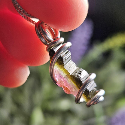 Watermelon Tourmaline Pendant, Sterling Silver Tourmaline Necklace, Pink & Green Raw Crystal