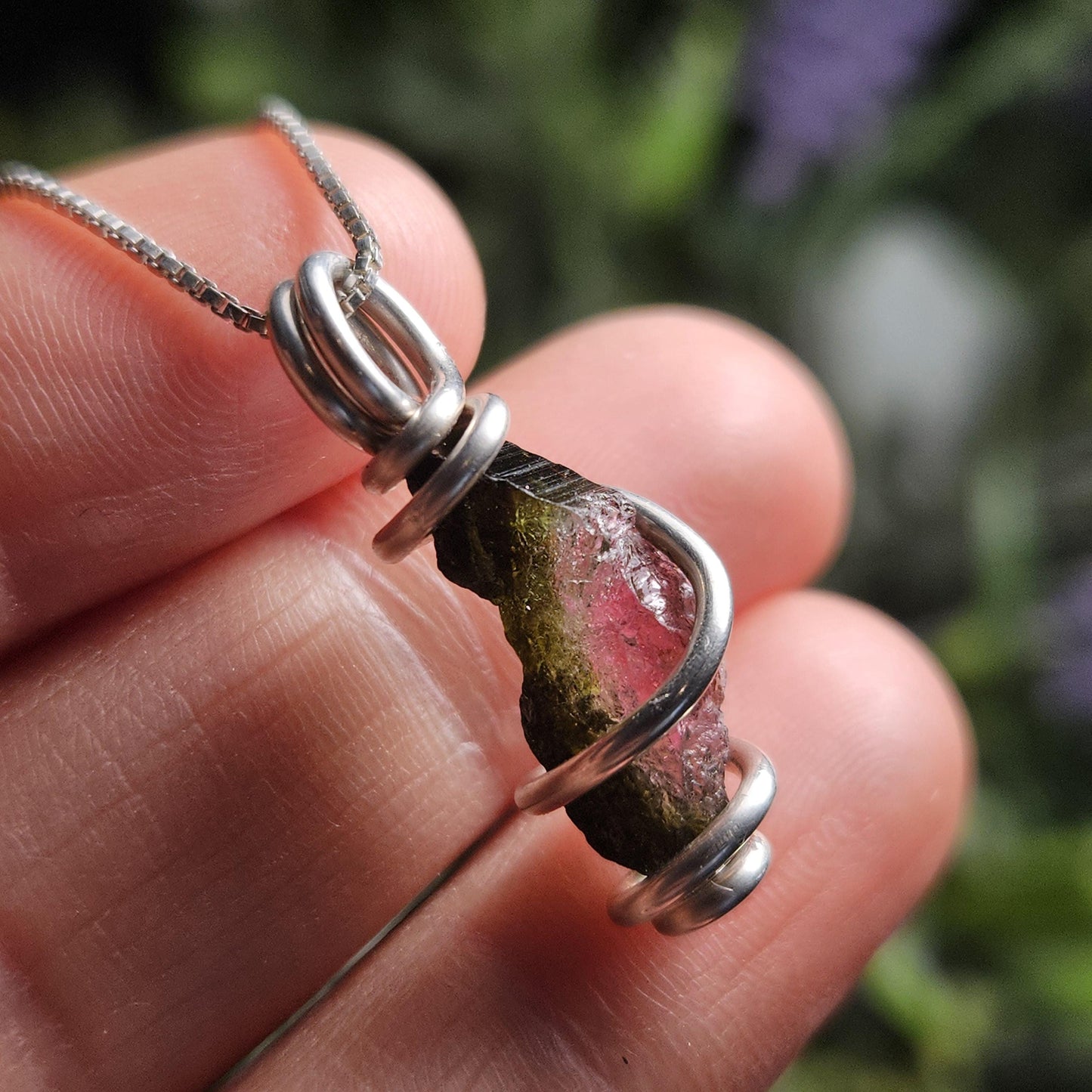 Watermelon Tourmaline Pendant, Sterling Silver Tourmaline Necklace, Pink & Green Raw Crystal