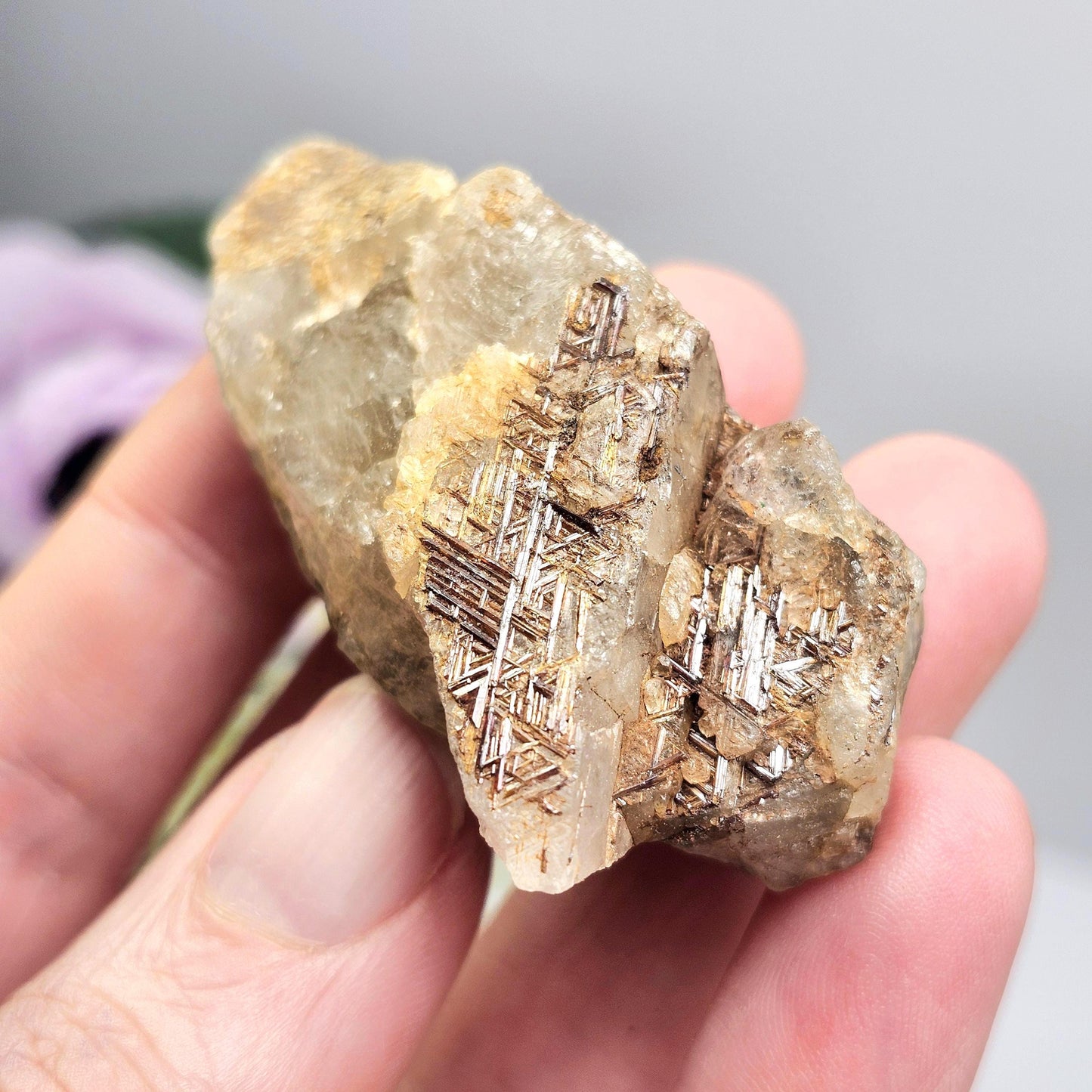 Golden Sagenite Rutile in Diamantina Quartz 41g, Brazilian Geometric Rutilated Quartz