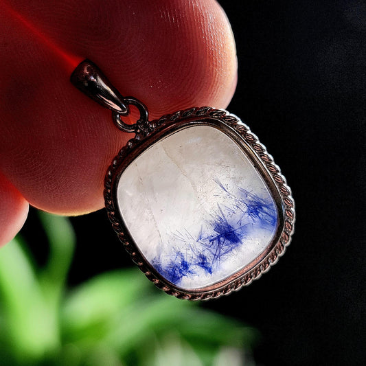Fibrous Dumortierite in Quartz Pendant, Sterling Silver Blue Dumortierite Necklace