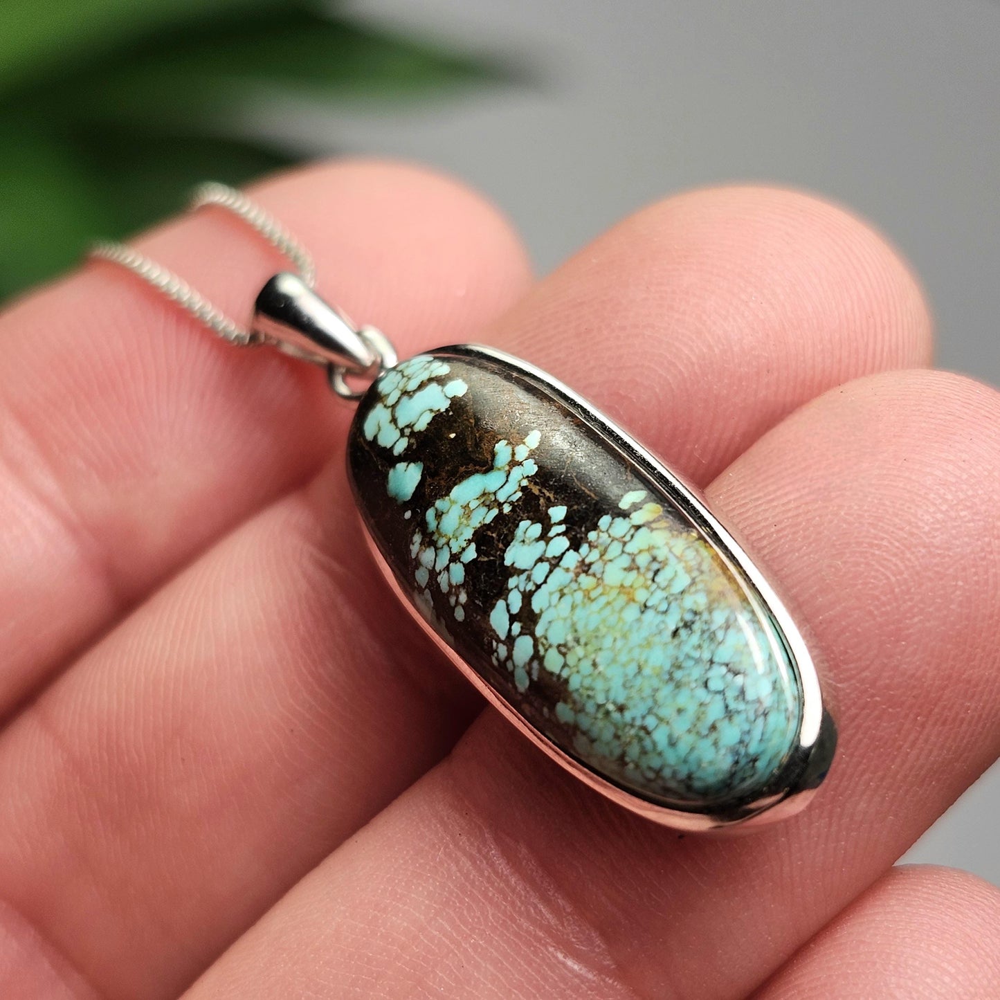 Nevada Turquoise Pendant, Sterling Silver Polished Turquoise Necklace