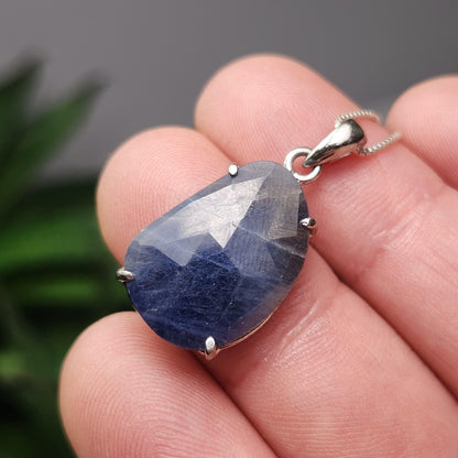 Blue Sapphire Pendant, Faceted Sapphire Sterling Silver Necklace